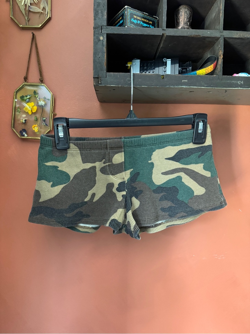Brandy Melville Camouflage Ribbed Low-Rise Shorts in Green and Brown